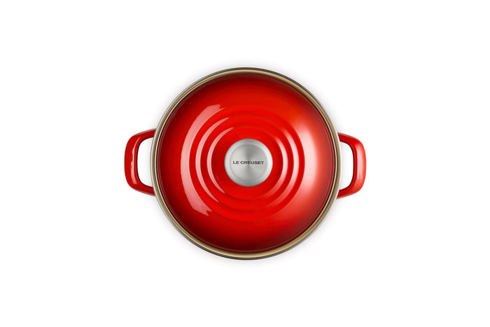 Cerise stockpot with lid and handles on white background