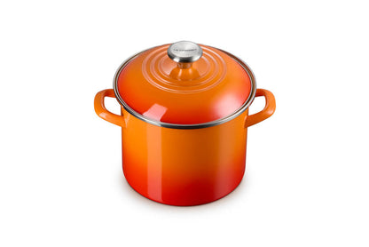 Flame stockpot with lid and handles on white background