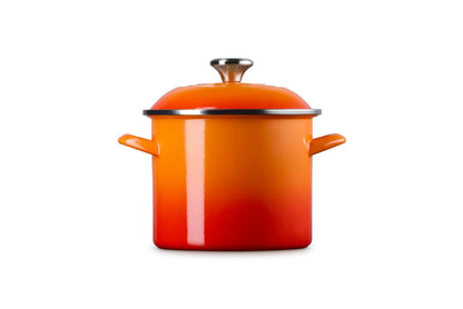 Flame stockpot with lid and handles on white background