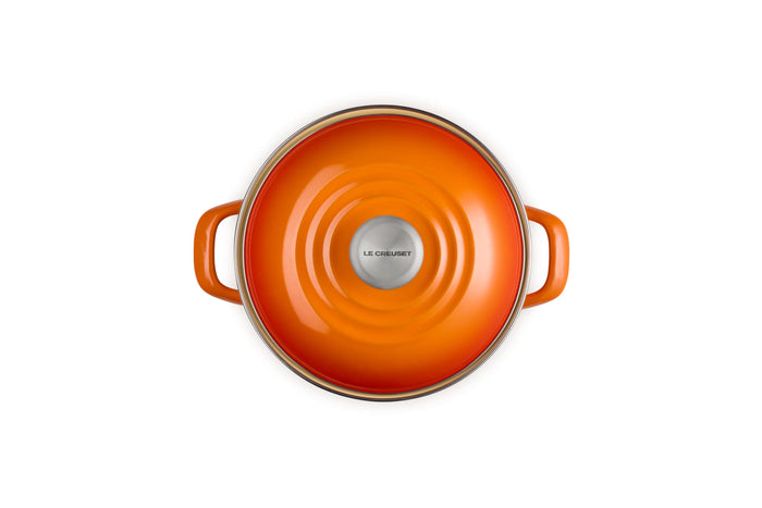 Flame stockpot with lid and handles on white background