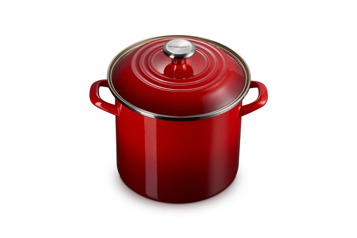 Cerise stockpot with lid and handles on white background