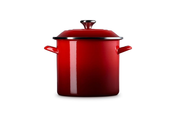 Cerise stockpot with lid and handles on white background