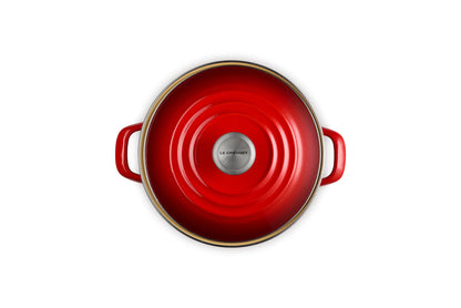 Cerise stockpot with lid and handles on white background