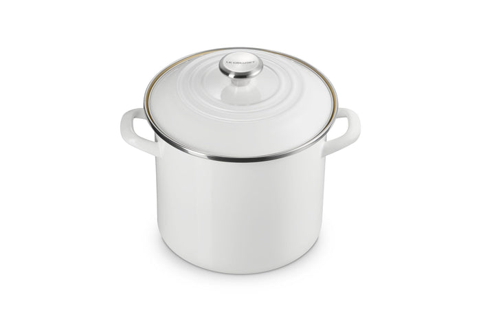 White stockpot with lid and handles on white background