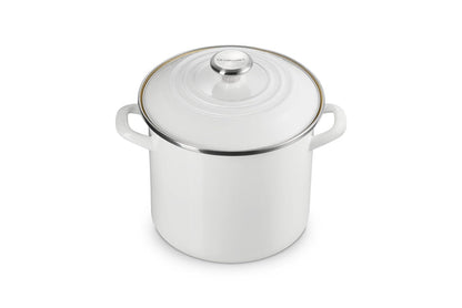 White stockpot with lid and handles on white background