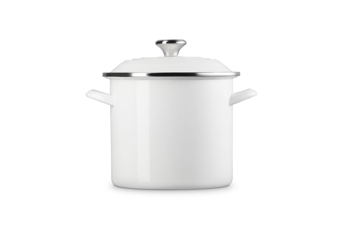 White stockpot with lid and handles on white background