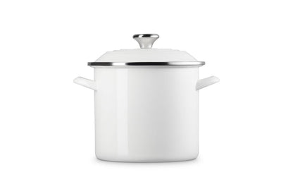 White stockpot with lid and handles on white background