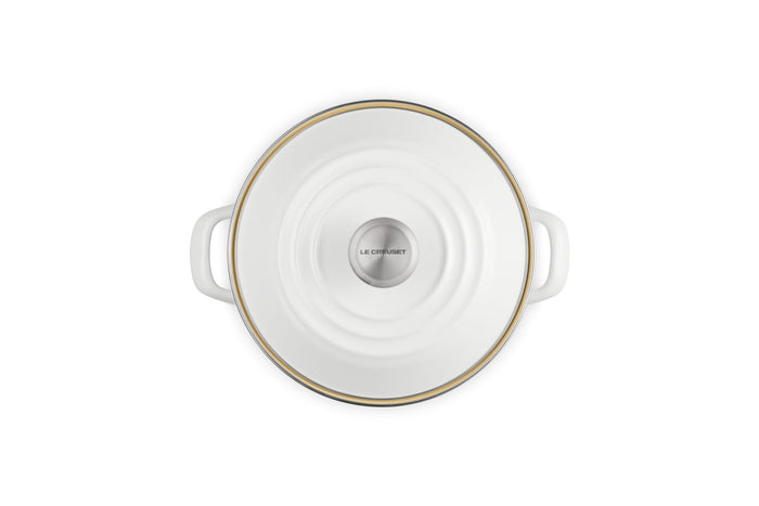 White stockpot with lid and handles on white background