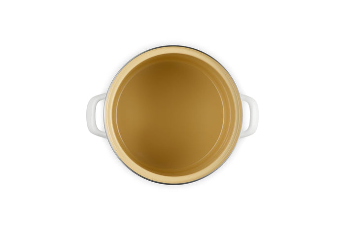 Beige inside stockpot with white handles on a white background