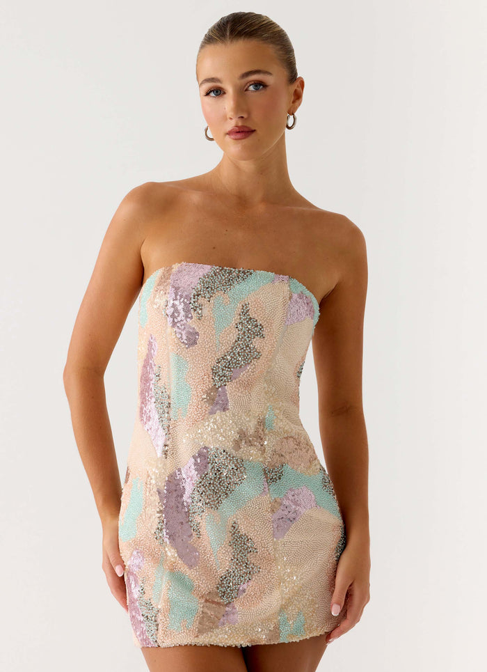 Leena Strapless Beaded Mini Dress - Swirl Sequin