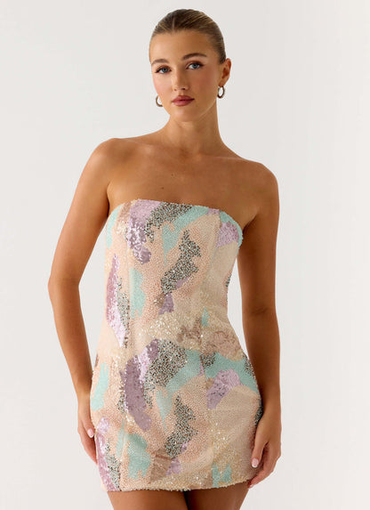 Leena Strapless Beaded Mini Dress - Swirl Sequin