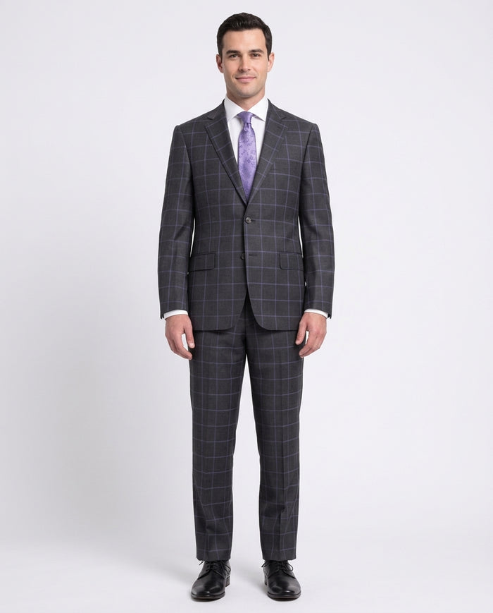 Mens Classic Fit Gray With Purple Windowpane Two Button Wool Suit