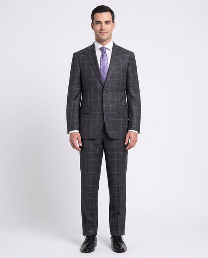 Mens Classic Fit Gray With Purple Windowpane Two Button Wool Suit