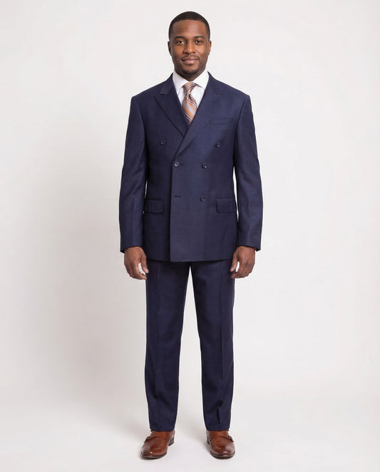 Mens Classic Fit Solid Navy Blue Double Breasted Wool Suit Peak Lapels