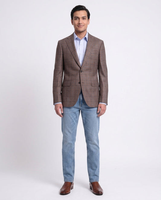 Mens Napoli Slim Fit Brown Blue Plaid Half Canvassed Reda Wool Blazer Sportcoat