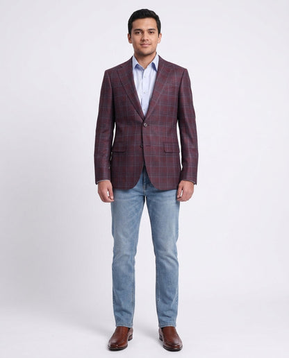 Men's Napoli Slim Fit Burgundy With Blue Plaid Two Button Wool Blazer Sportcoat