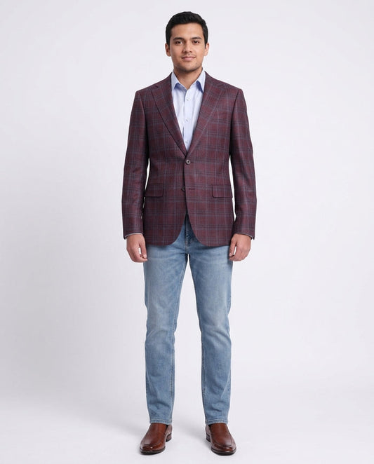 Men's Napoli Slim Fit Burgundy With Blue Plaid Two Button Wool Blazer Sportcoat