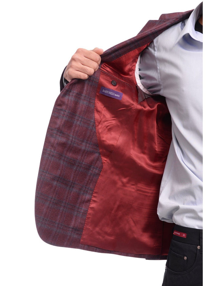 Napoli BLAZERS Men's Napoli Slim Fit Burgundy With Blue Plaid Two Button Wool Blazer Sportcoat