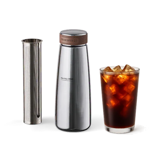 A stainless steel iced coffee maker set with a tall insulated carafe, a metal strainer, and a glass of iced coffee with ice on a white background.