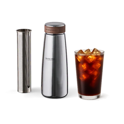 A stainless steel iced coffee maker set with a tall insulated carafe, a metal strainer, and a glass of iced coffee with ice on a white background.