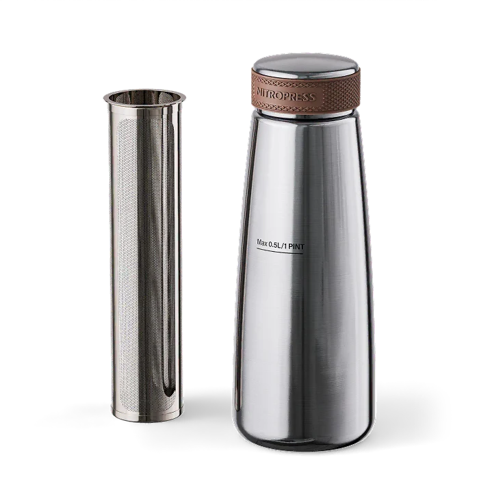 A stainless steel travel tumbler with a matching metal travel sleeve, shown on a clean white background. The tumbler features a textured brown leather accent band around the lid and the brand name 'Nitropress' printed on the lid.