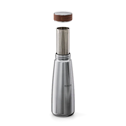 A stainless steel vacuum flask with its lid off, showing a separate metal infuser insert. The flask has a brushed silver finish with a small black logo on the front, and the lid features a brown textured grip.