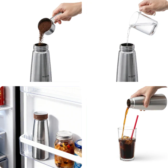 Four-panel demonstration of a stainless steel vacuum flask: coffee grounds poured in, water poured into it, kept in an open refrigerator door, and hot coffee poured into a glass with ice. A hand is visible in some panels.