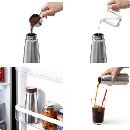 Four-panel demonstration of a stainless steel vacuum flask: coffee grounds poured in, water poured into it, kept in an open refrigerator door, and hot coffee poured into a glass with ice. A hand is visible in some panels.