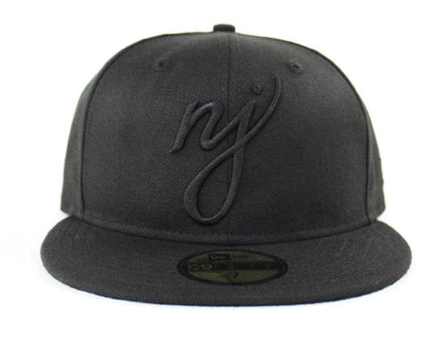 NJ Script New Era 59Fifty Fitted Hats (Black On Black Suede Under Brim)