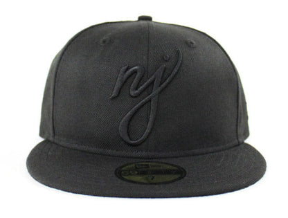 NJ Script New Era 59Fifty Fitted Hats (Black On Black Suede Under Brim)