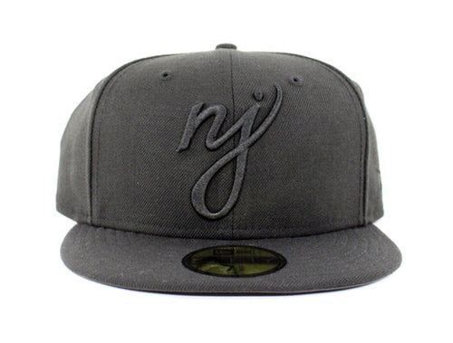 NJ Script New Era 59Fifty Fitted Hats (Black On Black Vigan Leather Under Brim)