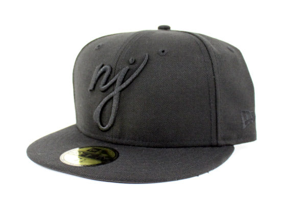 NJ Script New Era 59Fifty Fitted Hats (Black On Black Vigan Leather Under Brim)
