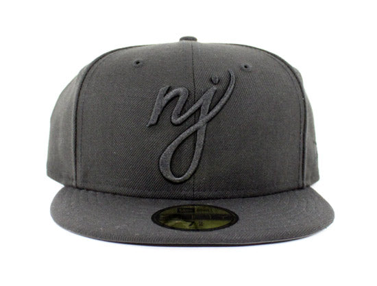 NJ Script New Era 59Fifty Fitted Hats (Black On Black Vigan Leather Under Brim)