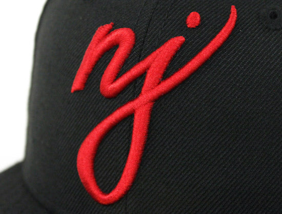 NJ Script New Era 59Fifty Fitted Hats (Black Red Gray Under Brim)