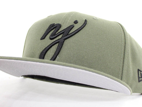 NJ Script New Era 59Fifty Fitted Hats (Olive Black Gray Under Brim)
