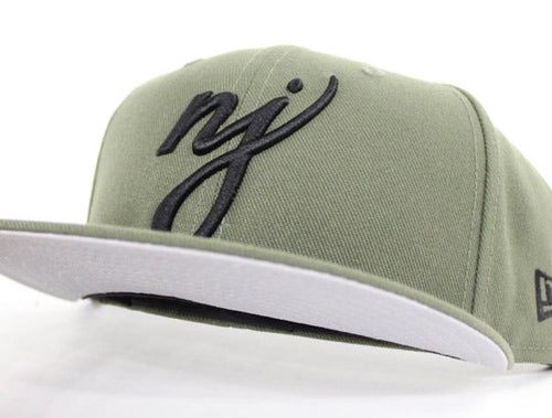 NJ Script New Era 59Fifty Fitted Hats (Olive Black Gray Under Brim)