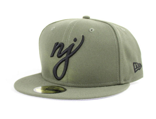 NJ Script New Era 59Fifty Fitted Hats (Olive Black Gray Under Brim)