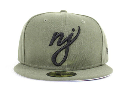NJ Script New Era 59Fifty Fitted Hats (Olive Black Gray Under Brim)