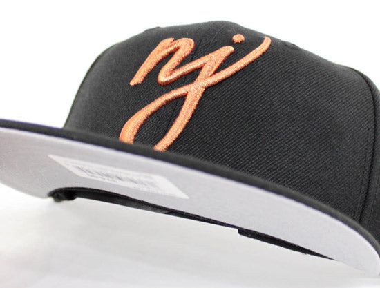 NJ Script New Era 9Fifty Snapback hat (Air Foamposite Metallic Copper Gray Under Brim)