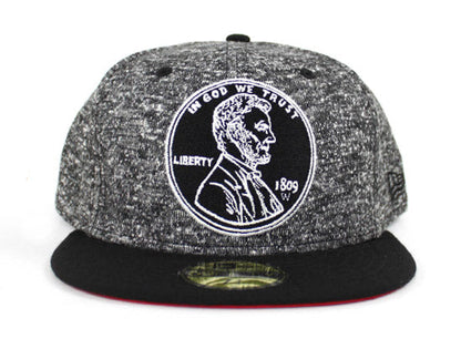 Penny One Cent New Era 59Fifty Fitted Hat (Shadow Tech Jet Black Air Foamposite Pro Tech Fleece Red Under Brim)