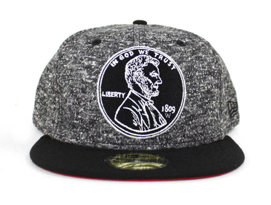 Penny One Cent New Era 59Fifty Fitted Hat (Shadow Tech Jet Black Air Foamposite Pro Tech Fleece Red Under Brim)