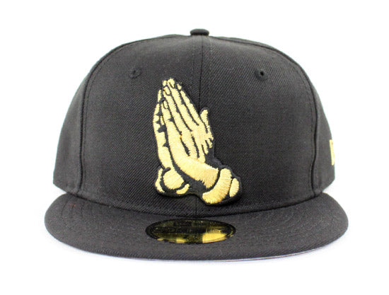 Praying Hands New Era 59Fifty Fitted Hats (Black Gold Gray Under Brim)