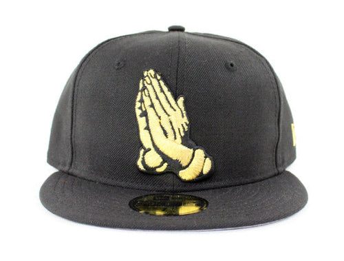 Praying Hands New Era 59Fifty Fitted Hats (Black Gold Gray Under Brim)
