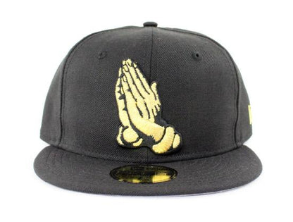 Praying Hands New Era 59Fifty Fitted Hats (Black Gold Gray Under Brim)