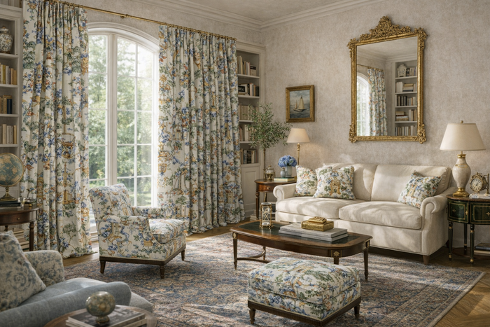 Quadrille Fabric - Amazing Grace - Multi on Ivory Belgian Linen / Cotton