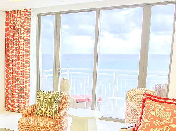 Quadrille Fabric: Brighton Reverse - Custom Coral on Lightly Tinted Belgian Linen / Cotton