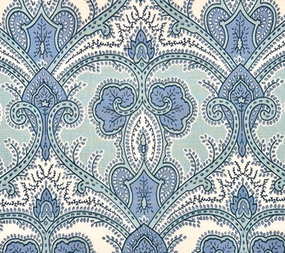 Quadrille Fabric: Casuarina Paisley - Multi Blues on White Belgian Linen / Cotton