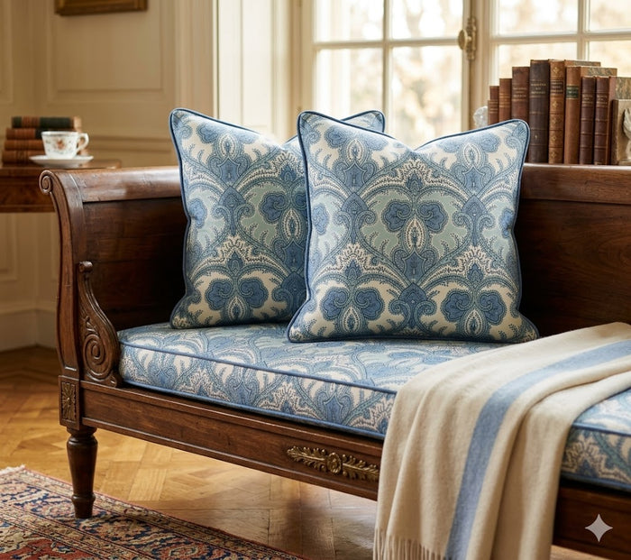 Quadrille Fabric: Casuarina Paisley - Multi Blues on White Belgian Linen / Cotton