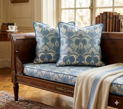 Quadrille Fabric: Casuarina Paisley - Multi Blues on White Belgian Linen / Cotton