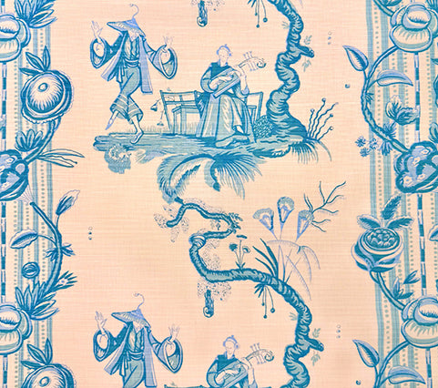 Quadrille Fabric: Danse Chinois - Custom Dark Turquoise / Light Turquoise on Tinted Belgian Linen / Cotton